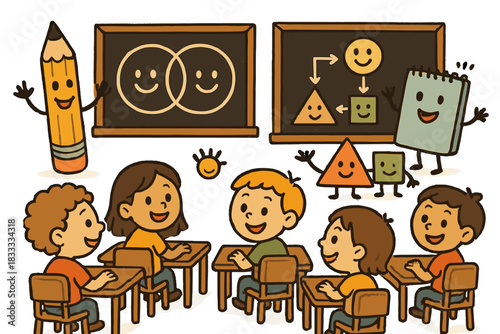 Playful Classroom Doodles. Friendly doodle logical reasoning classroom with happy students, smiling diagrams on blackboards,