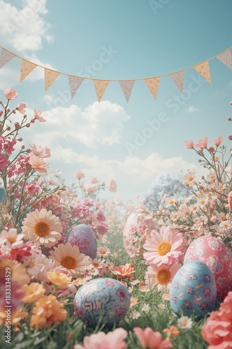 Colorful Easter Eggs Scattered in a Blooming Garden During Springtime