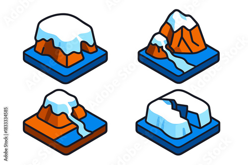 Glacier Change Icons. Isometric vector illustration set Glacier Change Impact: Shrinking ice cap, exposed rock bed, reduced water