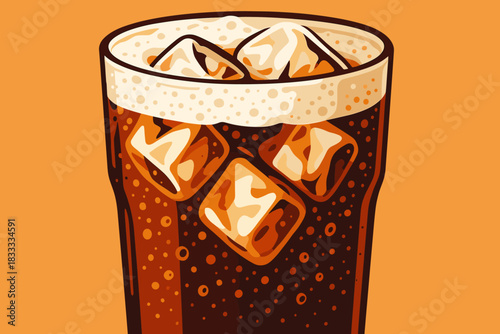 Refreshing Soda Illustration. Close-up vector illustration of frosted glass of soda with ice cubes and condensation, rich amber