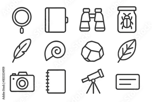 Nature Study Icons. Line style icons of Nature Study: Magnifying Glass, Field Notebook, Binoculars, Insect Jar; Feather, Shell,
