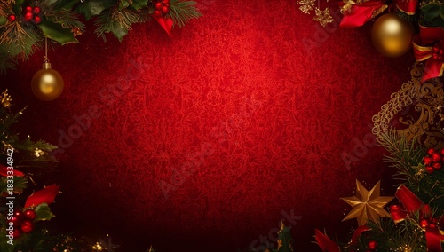 Festive Decorations Frame a Warm Red Background for Holiday Celebrations
