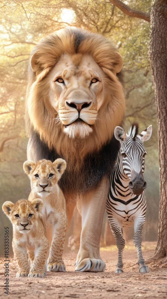 Naklejka premium A collection of African wildlife features a lion, elephant, giraffe, zebra, gazelle, and monkey set against a transparent background