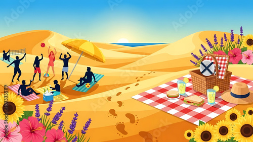 Summer Picnic Scene with Beach Volleyball and Relaxing Vacationers
