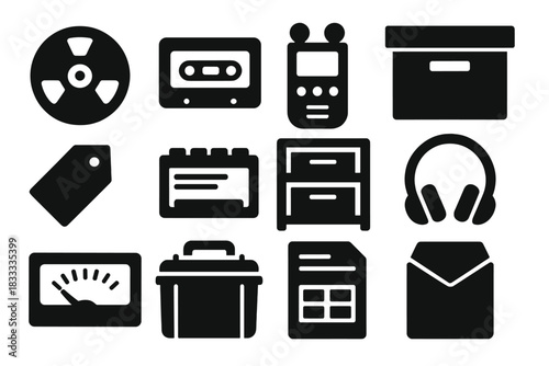 Archival Tools Icons. Solid style icons of Archival tools: reel-to-reel tape, cassette, digital recorder, storage box, label tag,