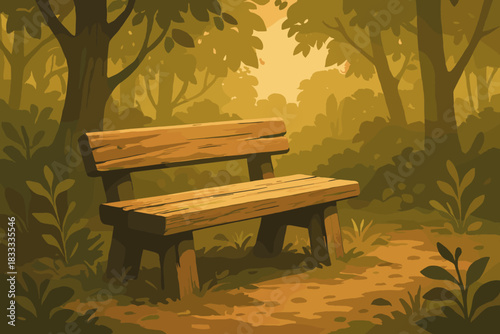 Sunlit Forest Bench. Close-up of a rustic wooden bench in a forest illuminated by soft golden sunlight, vector illustration
