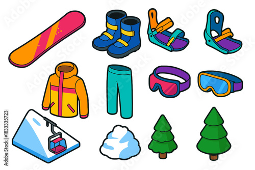 Snowboarding Gear Icons. Isometric vector illustration set Outdoor sports – snowboarding board, boots, bindings; snow jacket, snow