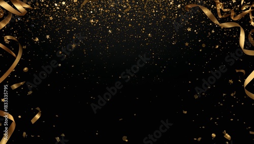 Celebrate With Gold Confetti and Ribbons at a Festive Event in a Black Backgr...