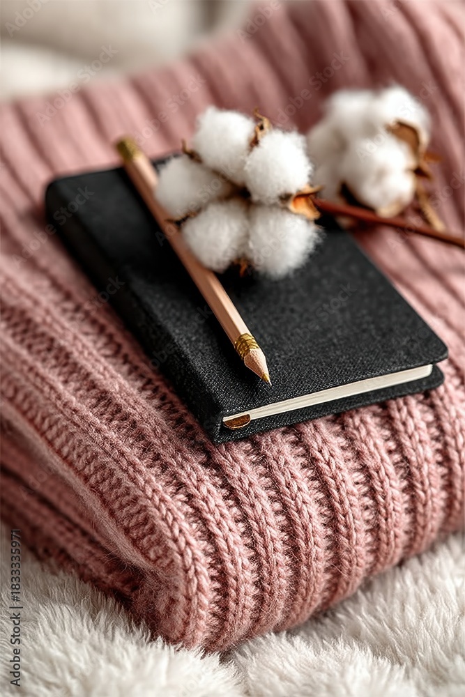 Fototapeta premium Cozy flat lay of a black notebook with blank pages, a gold pencil, cotton stems, and a pink knit sweater
