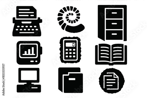 Pre-Digital Workflow Fossils. Solid style icons of pre-digital workflow fossils: typewriter + report icon, phone cord fossil,