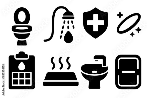 Space Bathroom Features. Solid style icons of space bathroom features: vacuum toilet glyph, suction shower icon, hygiene badge.