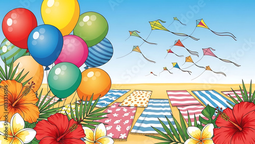Vibrant summer beach party scene with colorful balloons and kites.