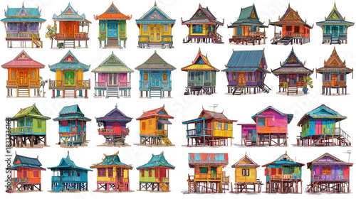 Collection of colorful stilt houses illustrated with vibrant wooden structures, raised foundations, and charming tropical architectural styles inspired by coastal and village settings.