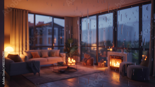 Rain streaks upon the glass window during twilight in a cozy, warm living room