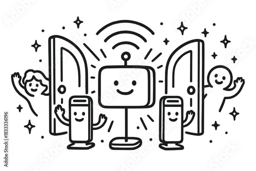 Whimsical Secure Portal. Magical doodle secure access point with happy scanners, cartoon doors opening gently, smiling characters