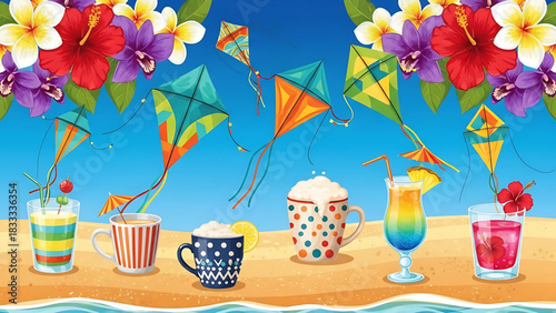 Tropical beach scene with colorful kites, drinks, and vibrant flowers