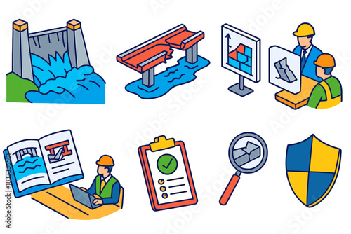 Engineering Disaster Iconography. Isometric vector illustration set Engineering disaster analysis: dam break scenes, collapsed