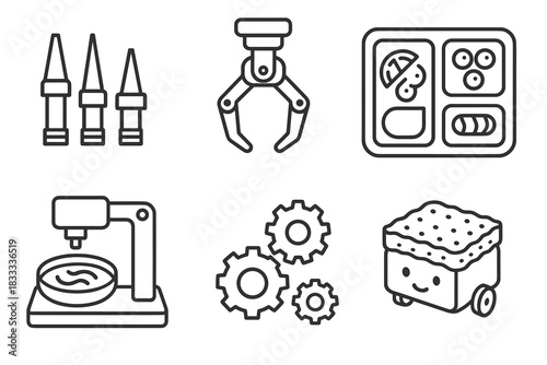 Food Robotics Icons. Line style icons of food robotics accessories: precision nozzle set, interchangeable robot hand, spare parts