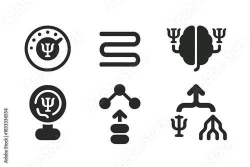 Psi Routing Icons. Solid style icons of multi-channel psi routing: channel select dial, parallel stream icon, wave-multiplier ring