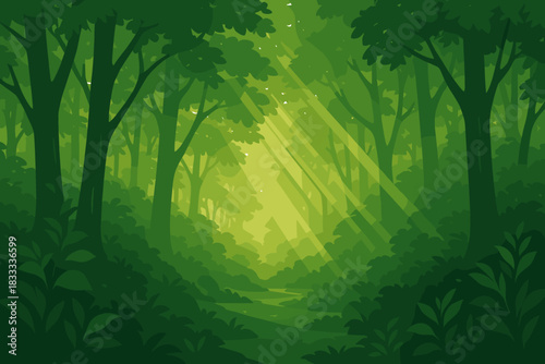 Sunlit Forest Serenity. Dense green forest with rays of sunlight streaming through the trees, serene vector illustration and
