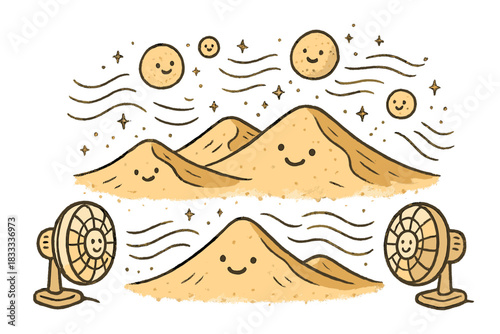 Smiling Desert Dunes. Adorable doodle desert wind experiment with smiling sand grains, cartoon fans blowing, cheerful dunes with