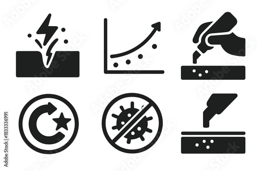 Plasma Wound Treatment Icons. Solid style icons of plasma wound care: open wound with plasma arc, healing progression chart,