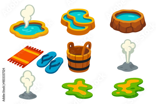 Hiking Trails Icons. Isometric vector illustration set Hiking trails – steaming pool, mineral terraces, rock basin; bathing towel,