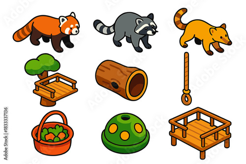 Zoo Animals Isometric Icons. Isometric vector illustration set Zoo animals – red panda, raccoon, coati; tree platform, hollow