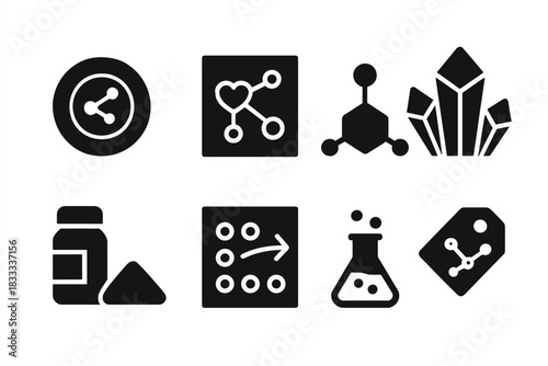 Ingredient Chemistry Icons. Solid style icons of ingredient chemistry: molecular bond plate, taste molecule chart, compound