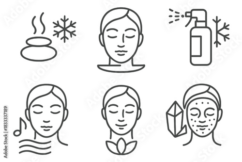 Cryo Facial Icons. Line style icons of cryo facials in wellness: spa and frost icon, balance face symbol, aromatherapy plus chill