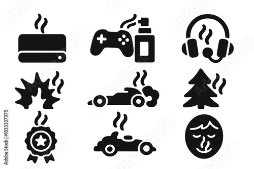 Gaming Scents Icons. Solid style icons of gaming with scent: console with scent emitter, joystick + aroma spray, gamer headset
