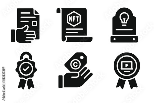 NFT Legal Icons. Solid style icons of legal and licensing for NFT acts: contract gesture icon, token rights scroll, IP claim slab.