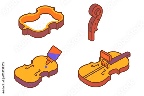 Violin Assembly Process. Isometric vector illustration set Violin Assembly Stages: Mold with sides attached, scroll ready for neck