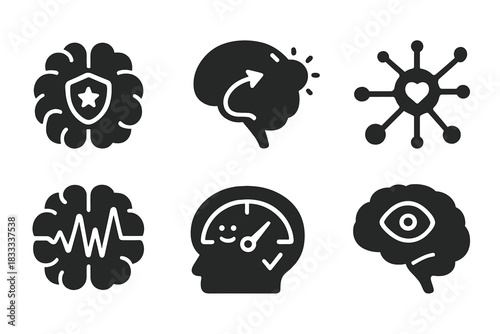 Motivation Icons and Brain. Solid style icons of motivation types and neural drivers: intrinsic/extrinsic brain badge, reward