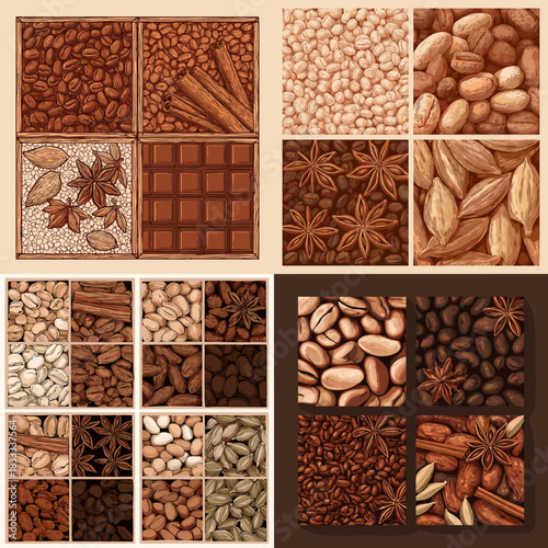 Grid style illustration of assorted spices, cocoa beans, star anise, cinnamon, and nuts arranged in warm natural tones ideal for culinary themes, food design, and organic artwork.