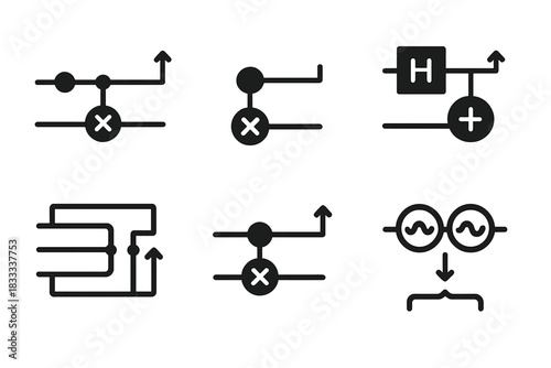 Quantum Circuit Icons. Solid style icons of quantum circuits for teleportation: teleport gate sequence, controlled NOT gate,