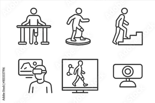 Rehabilitation Line Icons. Line style icons of rehabilitation with prosthetics: parallel bars, balance board, training steps,