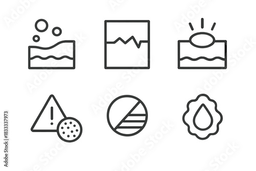 Tattoo Cover-Up Icons. Line style icons of tattoo cover-up challenges: uneven skin icon, scar tissue base, raised ink zone, deep