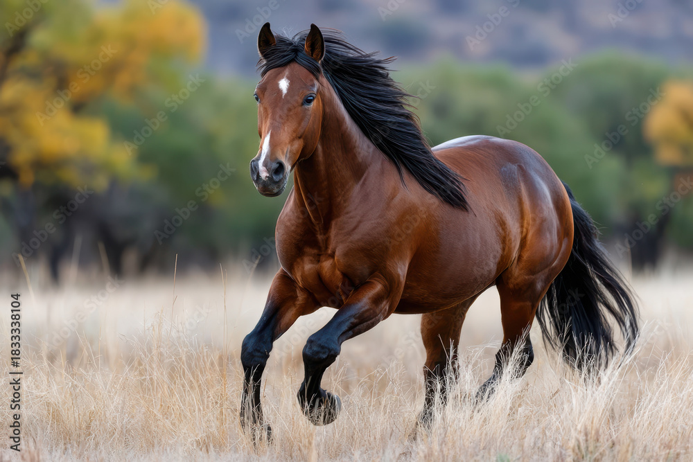 Obraz premium Bay Horse Running Through a Field of Tall Grass