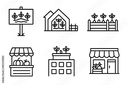Hyper-Local Sourcing Icons. Line style icons of hyper-local sourcing elements: local farm sign, neighborhood greenhouse, backyard