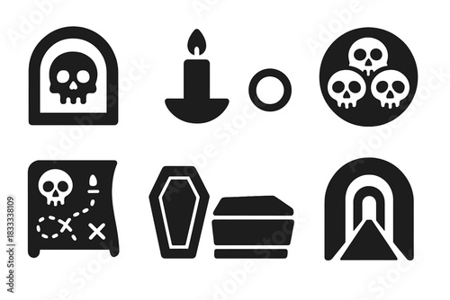 Catacomb Icons Collection. Solid style icons of catacomb tourism: skull alcove glyph, candle-lit icon, historic bone badge. Narrow
