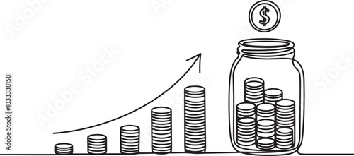 Stack coins in jar in single continuous line. Savings or investments. Profit growth drawing with one line. Saving and family budget concept. one line Icon drawing