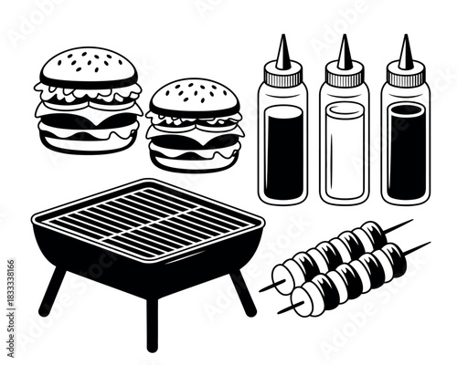 Barbecue grill with burgers, skewers, and condiment bottles, perfect for summer cookouts