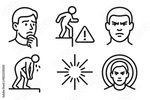 Mental Challenge Icons. Line style icons of mental challenges during OCR: moment of hesitation, fear at height symbol, mental
