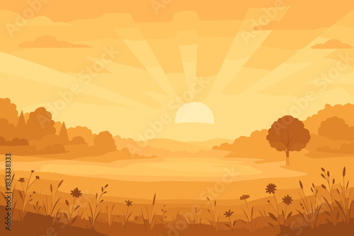 Sunrise over Misty Meadow. Scenic vector illustration sunrise over a peaceful meadow with soft mist covering the ground, golden