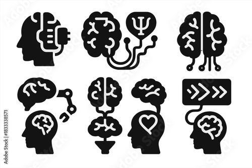 Mind-Machine Fusion Icons. Solid style icons of mind-machine fusion: cyberbrain overlays, psi-circuit melds, neuron-wire hybrids.
