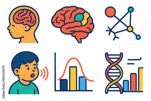 Biolinguistics Illustration Set. Isometric vector illustration set Biolinguistics: developing brain, language regions highlighted,