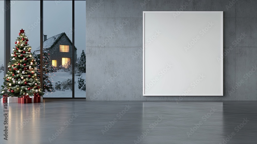 Naklejka premium Cozy living room features a white framed art print, decorated Christmas tree, and gifts around a warm fireplace against a dark wall