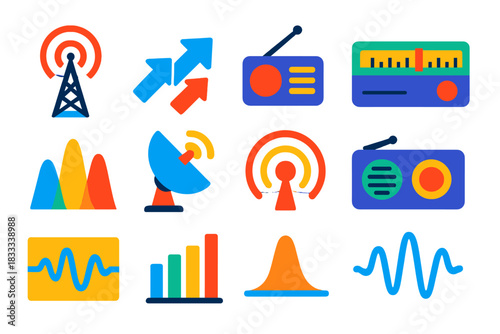 Vibrant Communication Icons. Flat vector icons of Communication Signals: antenna mast, signal arrows, AM radio, FM tuner,