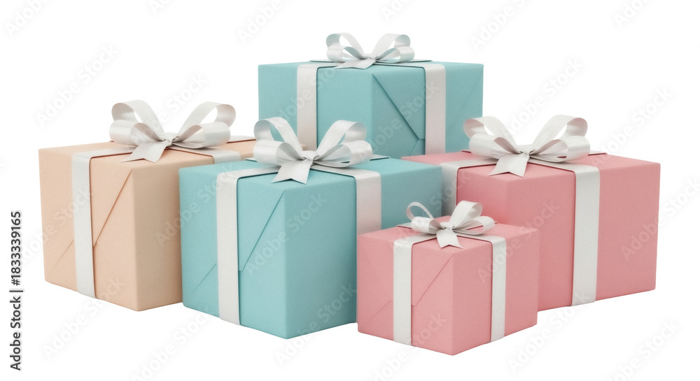 Fototapeta premium Pastel gift boxes with ribbons isolated PNG, presents for birthday celebration and special occasions on transparent background